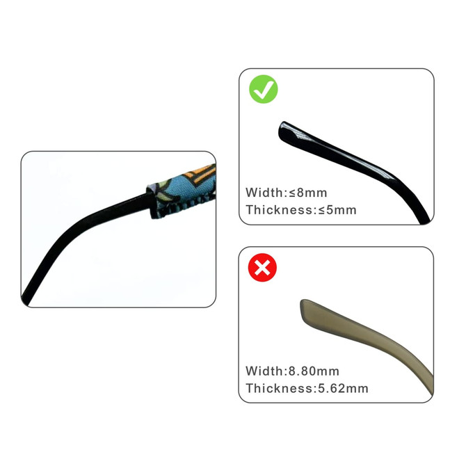 A glasses retainer with a patterned design and a black tip, showcasing different thicknesses and widths for comparison.