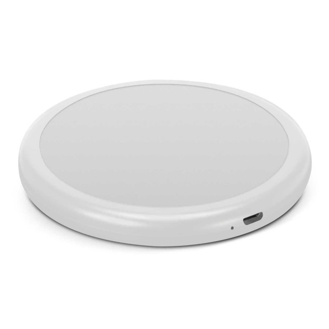 A wireless charger with a smooth resin finish, featuring a round design and a port for charging.