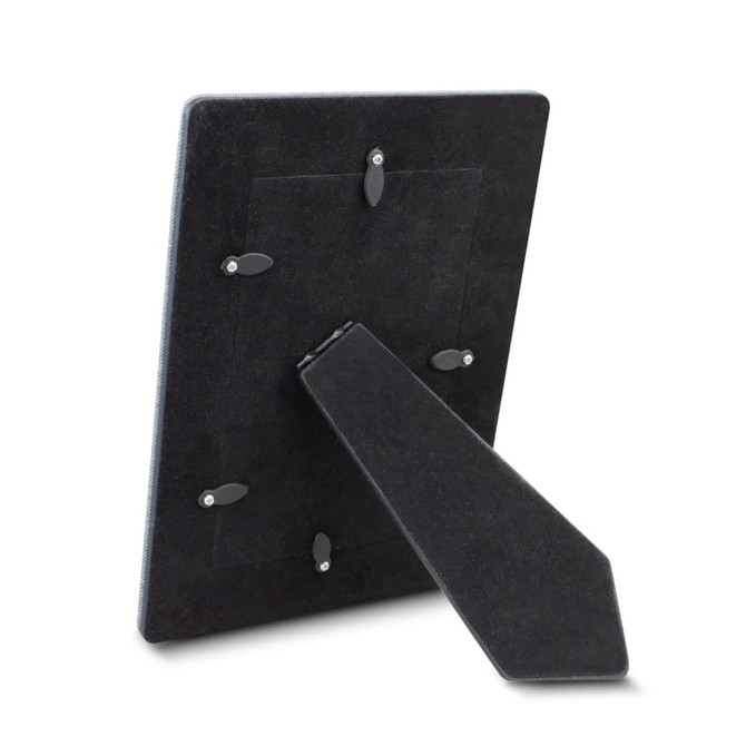 A black photo frame with a stand at the back, featuring clips for securing photos. It has a sleek, modern design.