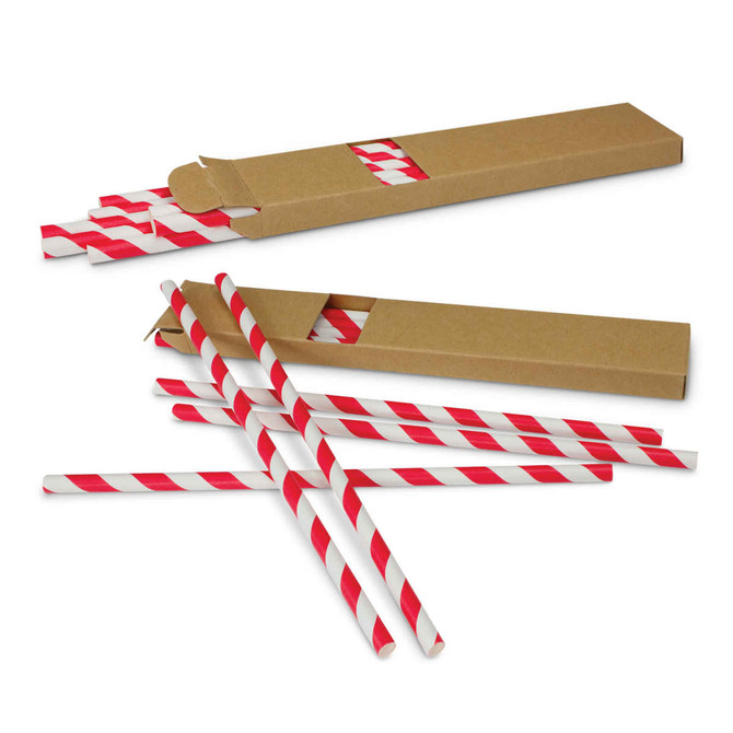 A box containing red and white paper drinking straws, with several straws partially spilled out. The box features a logo.