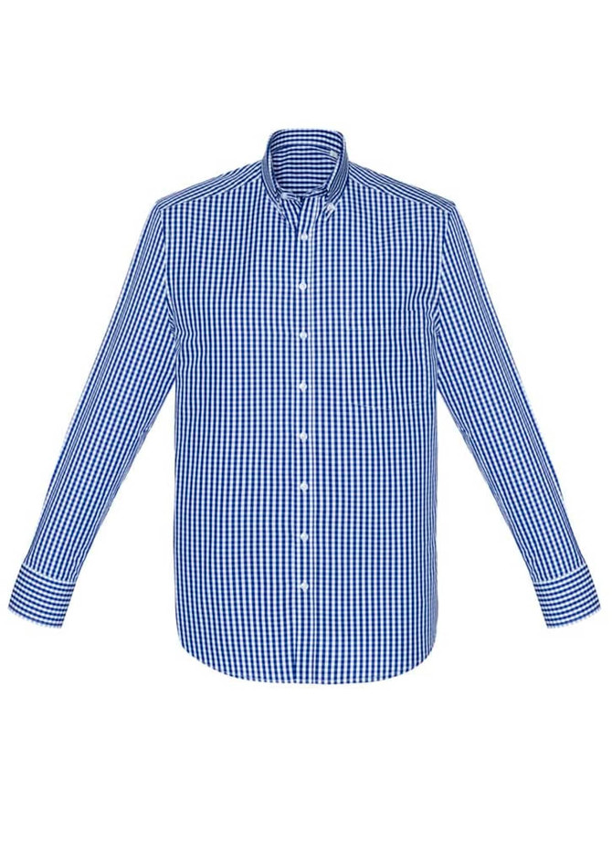 A blue and white checkered long sleeve button-up shirt with a collar and branding.