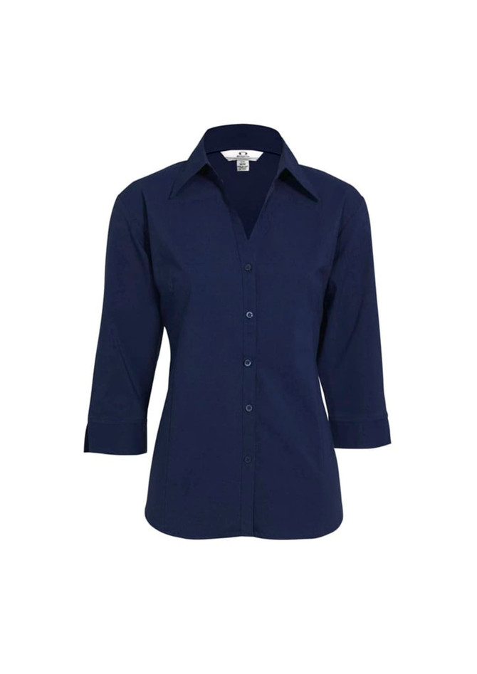 A navy women's button-up shirt with 3/4 sleeves and a collar. It features a front button closure and has a logo.