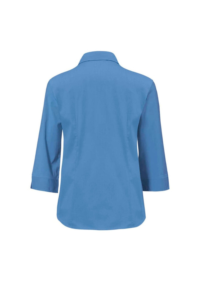 A women's 3/4 sleeve shirt in a light blue shade, featuring a button-up design and a branding logo.