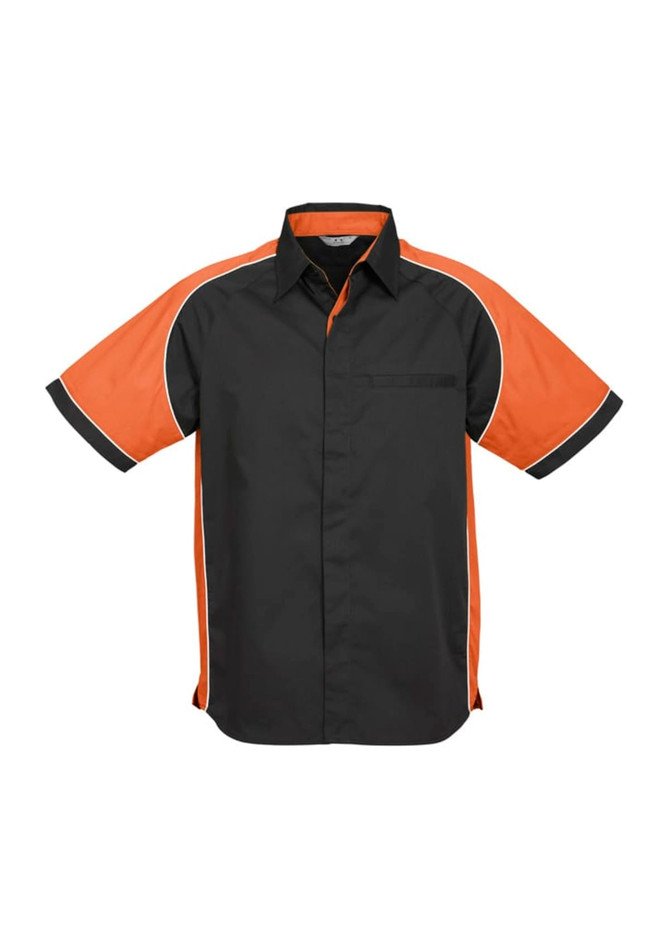 A black short sleeve button-up shirt with orange accents and piping, featuring a chest pocket and a logo.