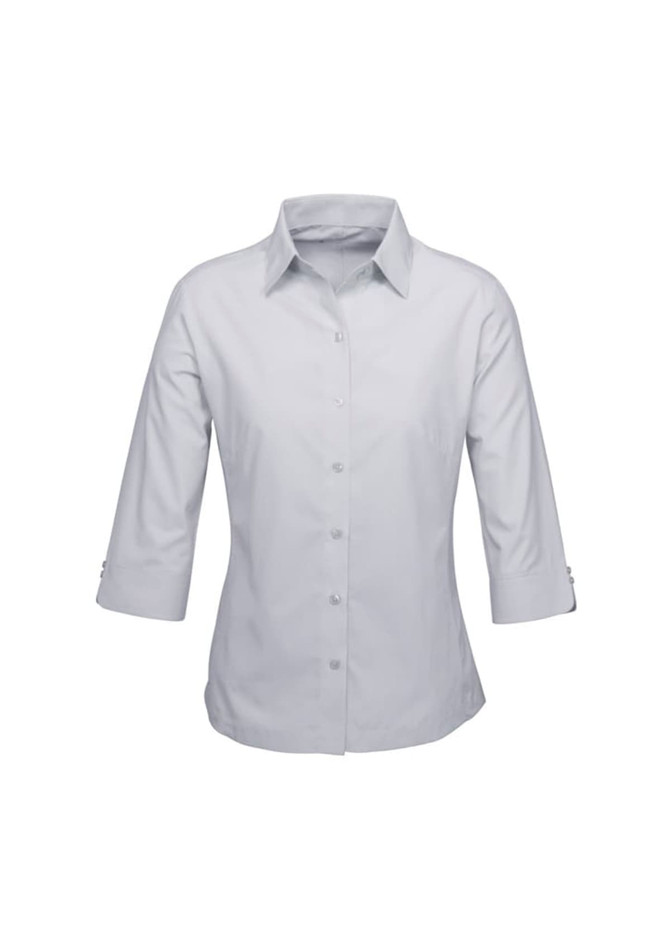 A women's button-up shirt in light grey with 3/4 sleeves and a classic collar, featuring button details on the sleeves.