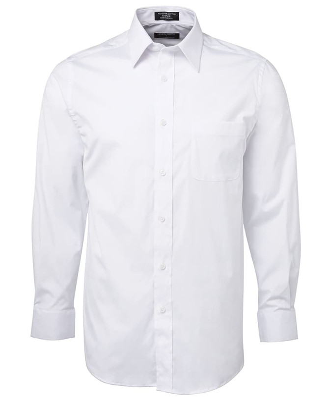 A white long-sleeve button-up shirt with a chest pocket and a collar. The shirt features a branding logo.