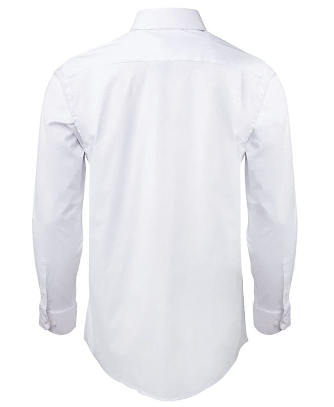 A black long-sleeve poplin shirt with a button-up front and a logo on the back.