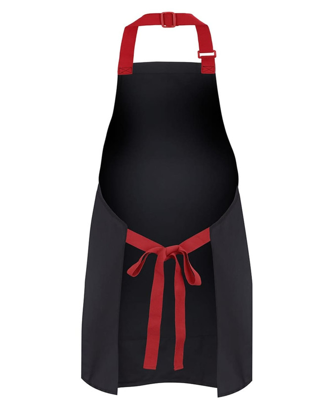 A black apron with red straps, featuring a bib design and a waist tie. Includes a logo.