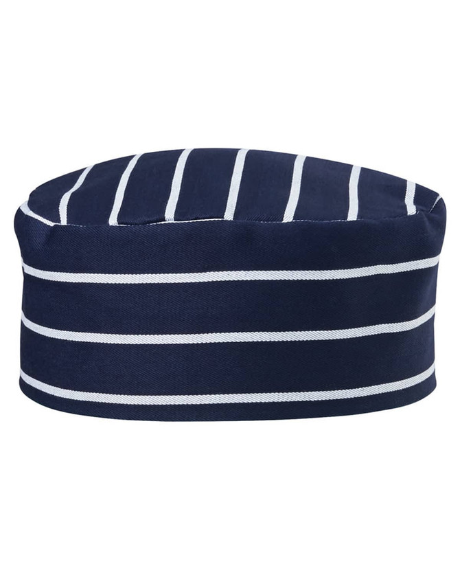 A navy and white striped chef's cap featuring a circular, flat design and a logo.
