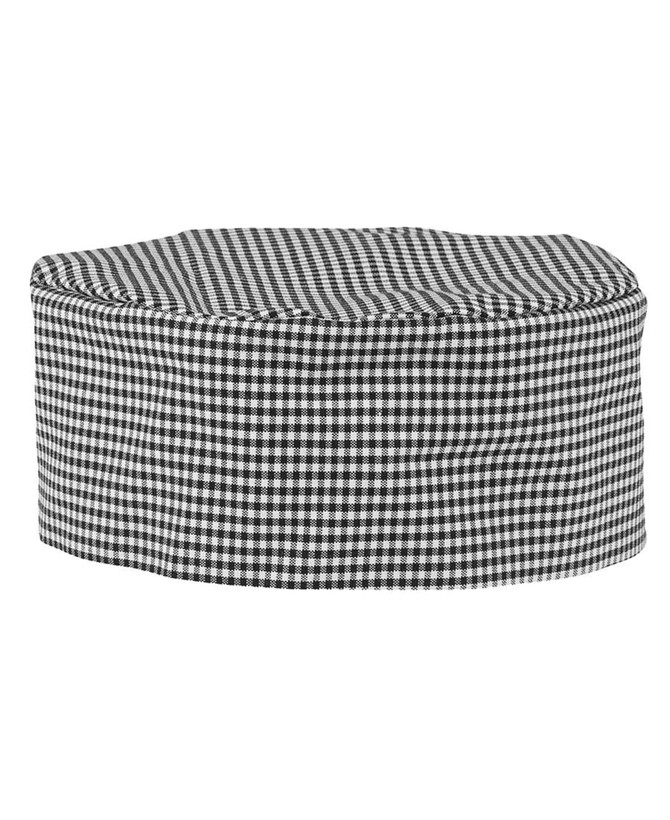 A chef's cap in a black and white checkered pattern, featuring a round design and branded logo.