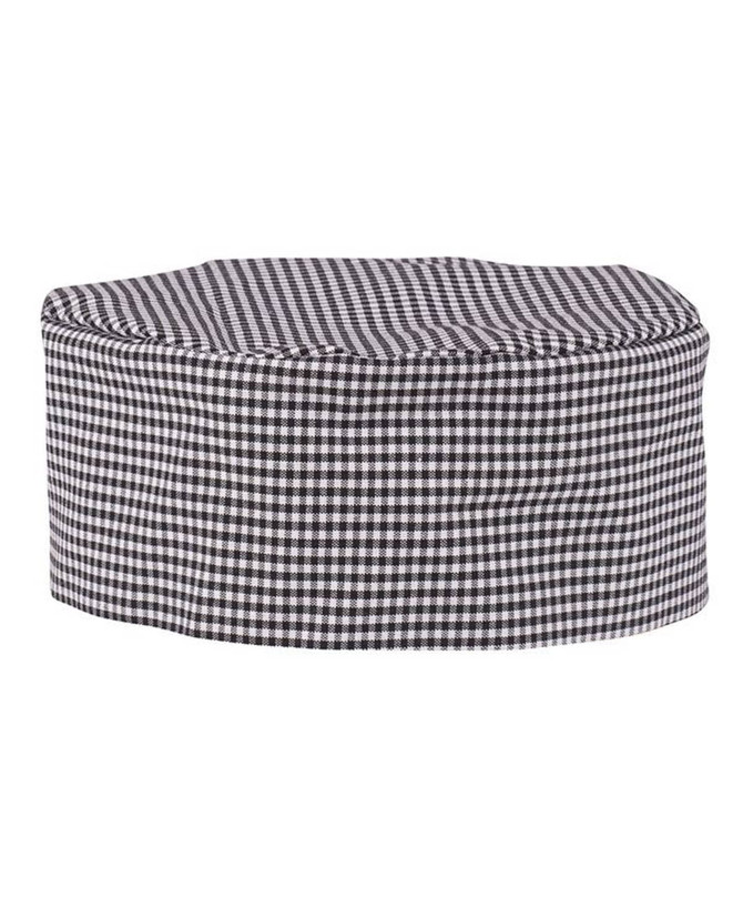 A black and white checked chef's cap with a rounded top. It features a simple design and has a logo.