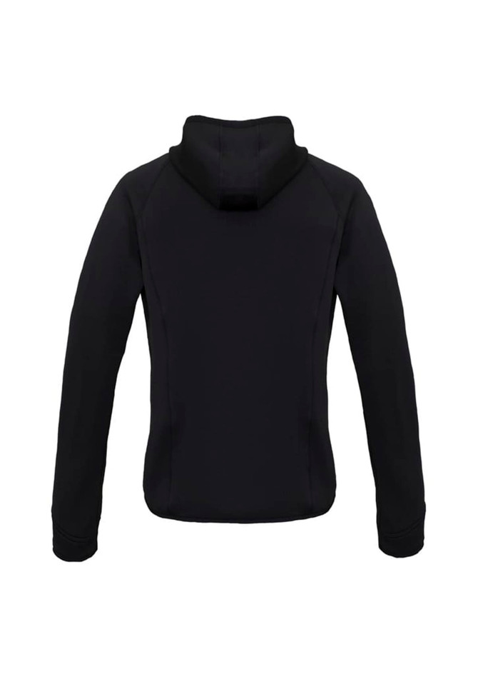 A black women's stealth puffer jacket with a hood, featuring a branded logo.