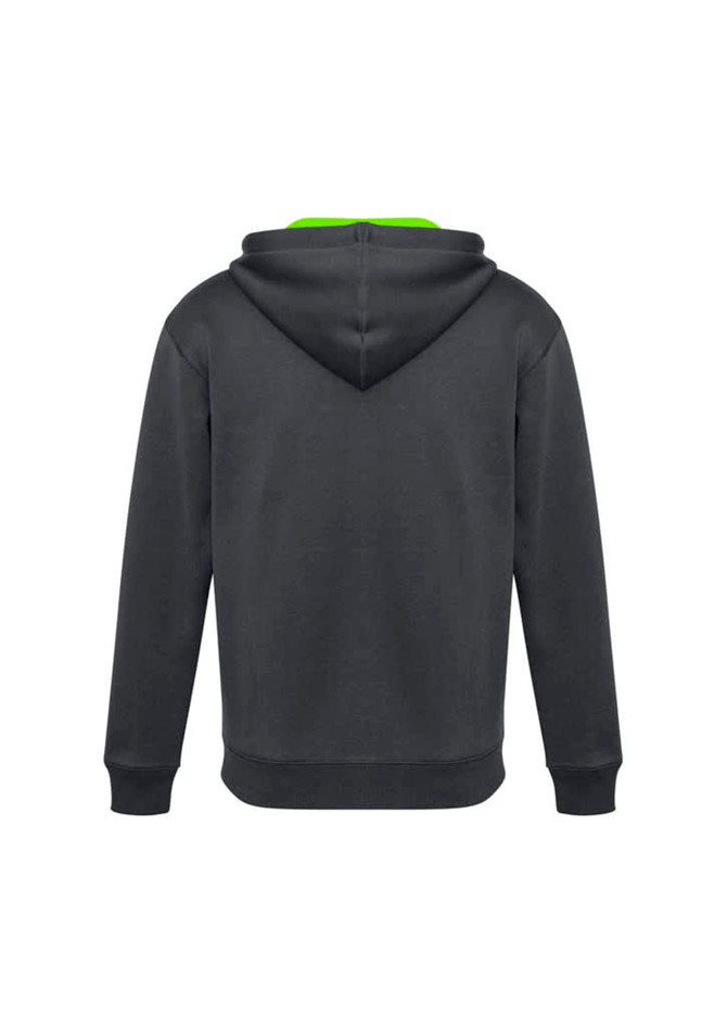 A dark grey kids' hoodie with a green interior hood and a logo. Suitable for casual wear.