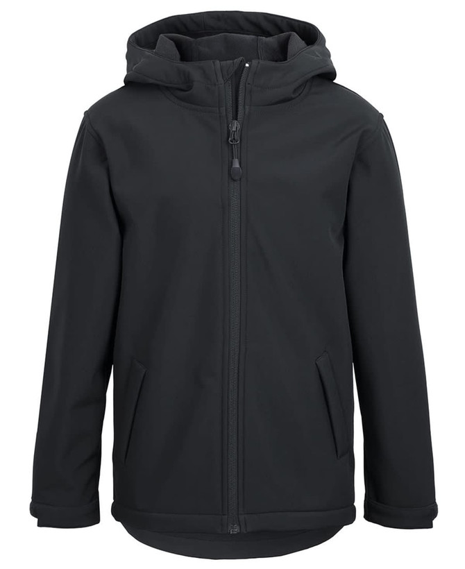 A softshell jacket in black with a hood, featuring a front zip and two side pockets. It has a branding logo.