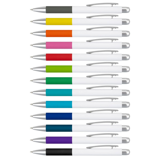 A collection of metal pens in various colours with white barrels and silver accents, featuring clips and a logo.