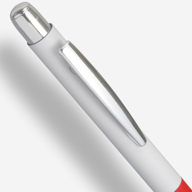 A metal pen in white with a glossy chrome clip and a red grip. The pen features a logo.
