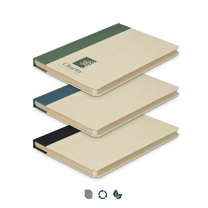 A notebook set featuring a cream cover with green, navy, and black accents, and a brand logo on one item.