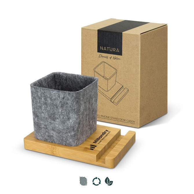 A bamboo phone stand desk caddy features a grey felt container and a wooden base, packaged in a brown box.