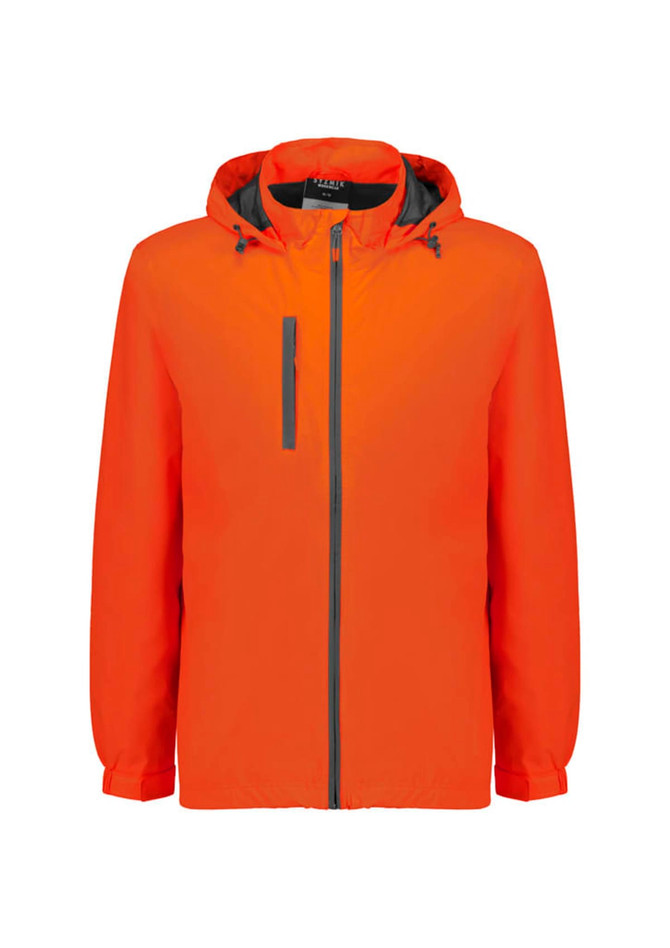 A bright orange unisex rain jacket with a hood and a front zip closure. It features a logo on the chest.