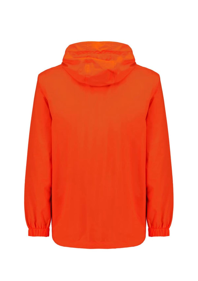 An unisex super light packable rain jacket in vibrant orange, featuring a hood and elasticised cuffs.