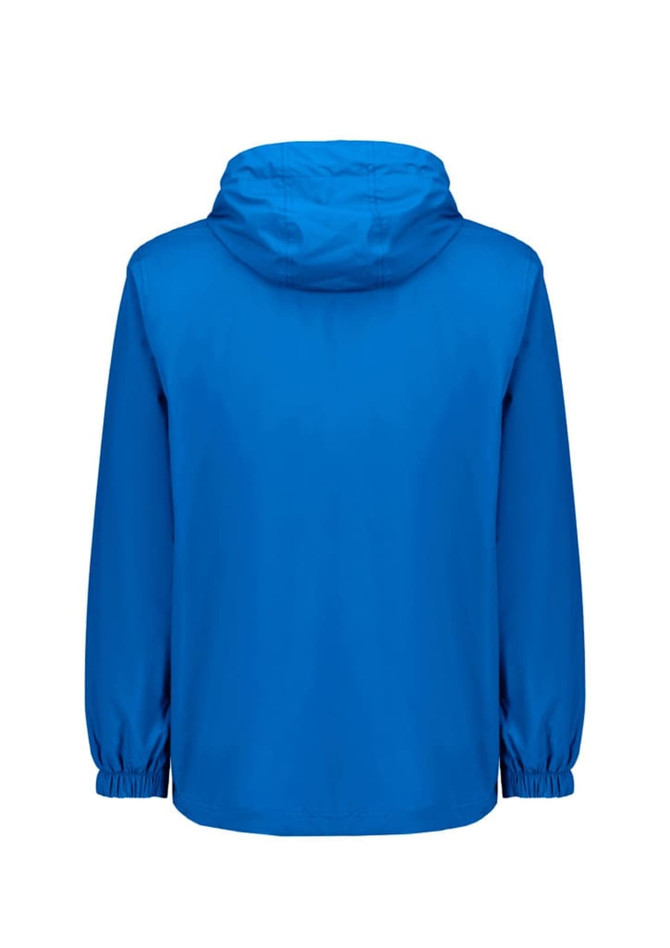 A blue unisex super light packable rain jacket with a hood and elastic cuffs, featuring a logo.