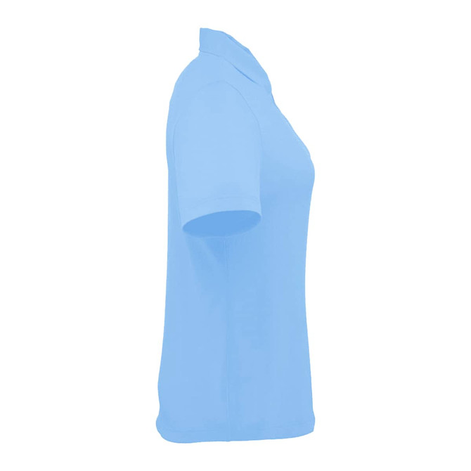 A light blue women's polo shirt with a standard collar and short sleeves. Features a logo on the chest.