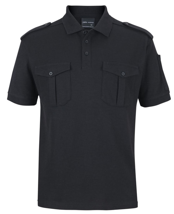 A black polo shirt with epaulettes and front pockets, featuring a collar and buttons, and a logo.