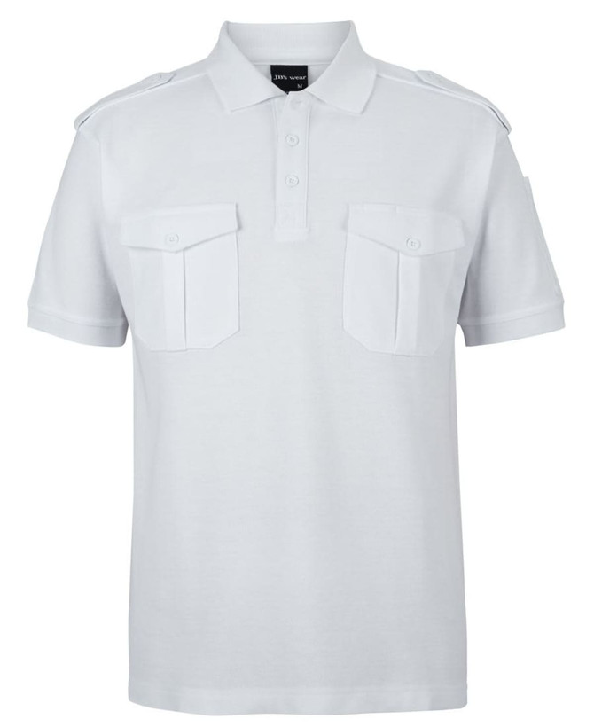A white polo shirt with epaulettes and two front pockets, featuring a subtle logo on the collar.