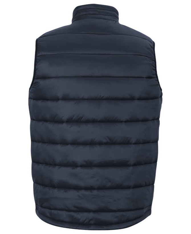 A navy puffer vest with a quilted design and a high collar, featuring a logo.
