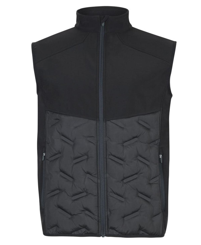 A black hybrid vest featuring a padded lower section and zippered pockets, with a collar and branding present.