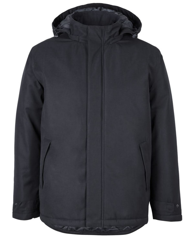 A black rain jacket with a hood, featuring a simple design and side pockets. It includes a branding logo.