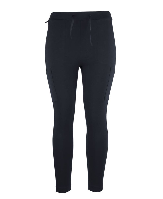 A pair of black stretch ponte cargo pants featuring side pockets and a drawstring waist.