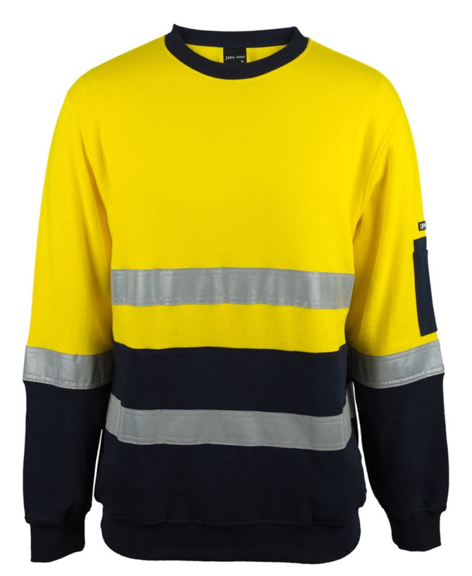 A bright yellow and navy cotton crew neck fleece jumper featuring reflective stripes and a pocket on the sleeve.