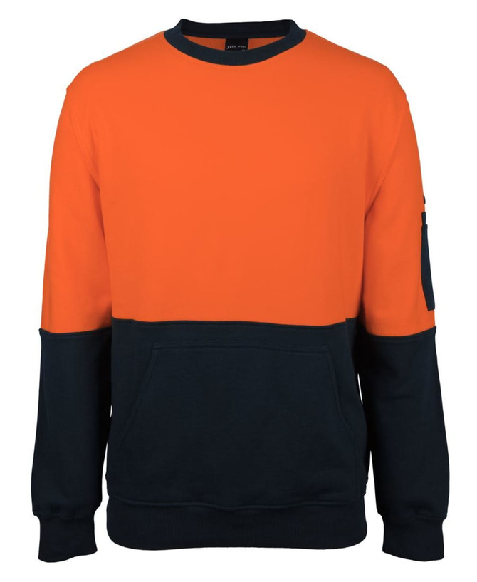A cotton crew neck fleece jumper in orange and navy blue, featuring a pocket on the sleeve and a logo.