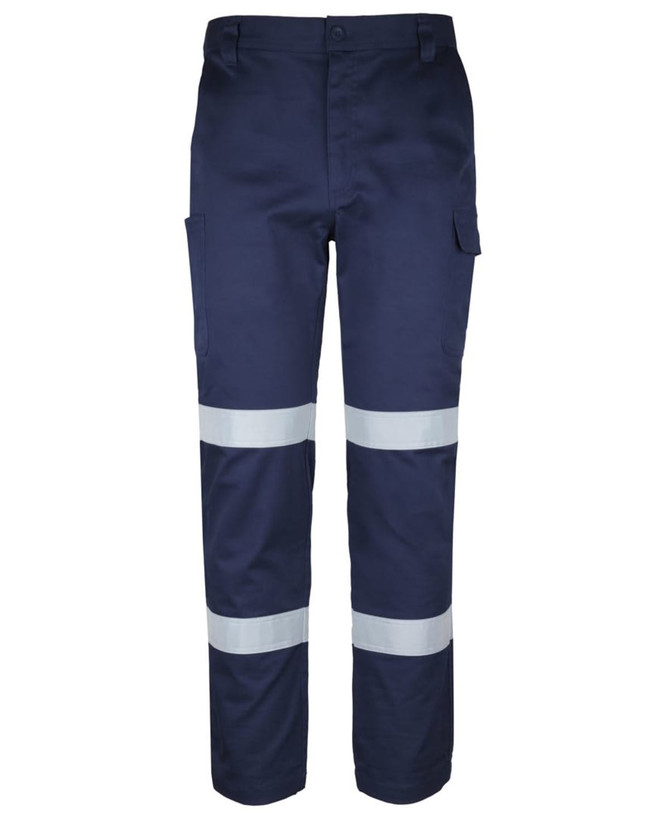 A pair of navy cargo pants featuring reflective D+N tape, with multiple pockets and a logo on the waistband.