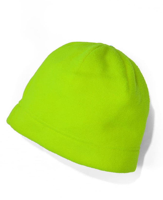 A bright green beanie made from soft fabric, featuring a rounded top and rolled brim, with a logo.