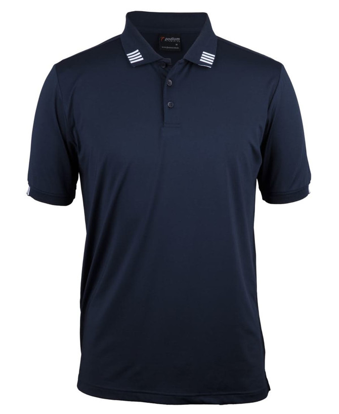 Navy blue polo shirt with a collar featuring white stripe detailing and a logo on the sleeve.