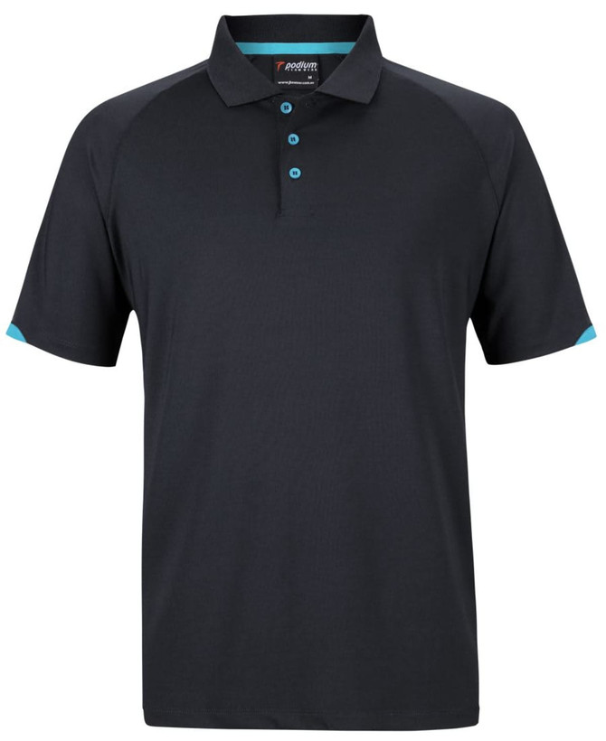 A black polo shirt featuring contrasting turquoise accents and a logo on the chest.