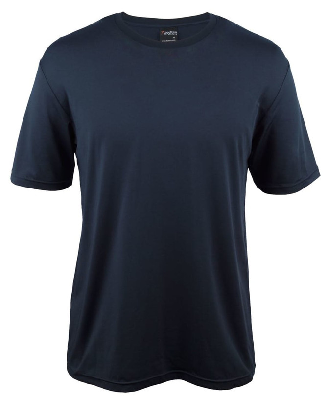 A navy blue t-shirt with short sleeves and a round neckline, featuring a branding logo.