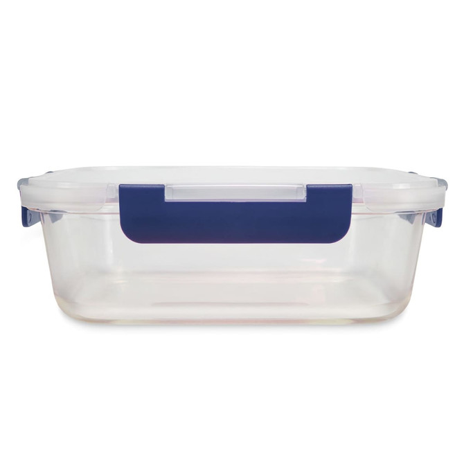 A clear lunch box with a navy blue handle, featuring a secure lid. Ideal for food storage.