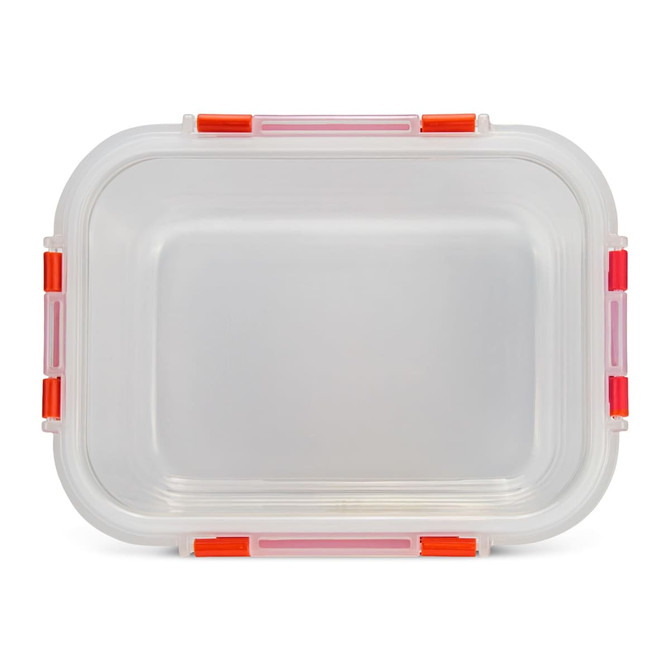 A clear lunch box with red and pink clips on the edges, featuring a rectangular shape and transparent design.