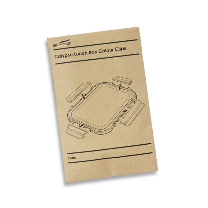 A paper instruction sheet featuring the SPICE Calypso Lunch Box with colour clips, displayed on a plain background.