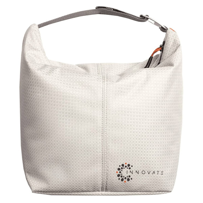 A light grey cooler bag with a textured surface and an adjustable strap, featuring a logo on the front.
