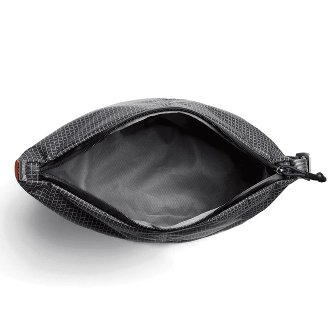 A grey cooler bag with a zippered opening, showcasing the interior lining and a branding logo.