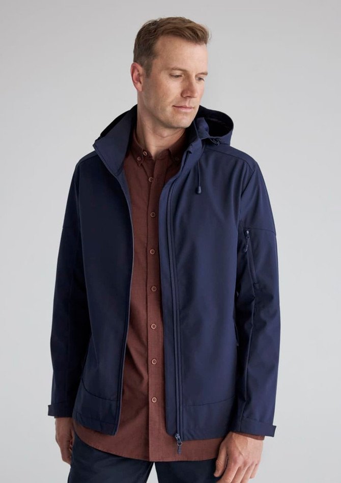 A navy rain jacket featuring a hood, zip-up front, and a zippered pocket on the sleeve. It has a logo.