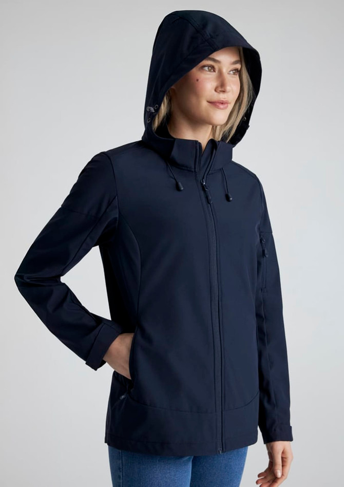 A women's navy jacket with a hood and zip-front closure, featuring a branded logo on the sleeve.
