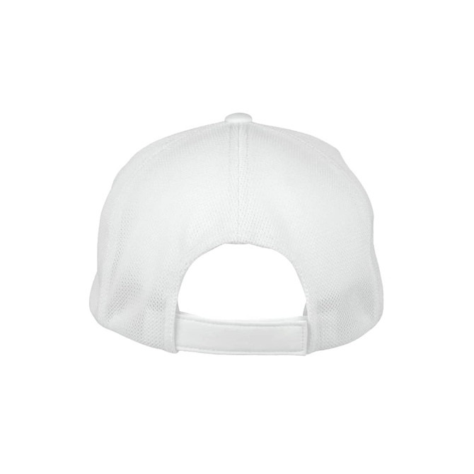 A white Stealth Mesh Flex Cap featuring a mesh design and a rear adjustable strap.