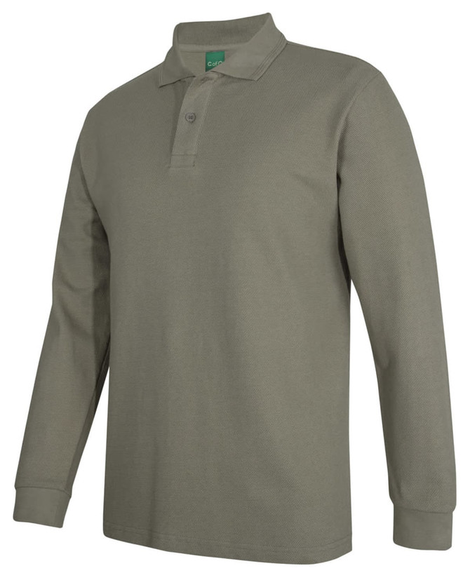 A long-sleeved polo shirt in olive green with a collar and a logo on the chest.