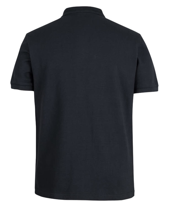 A black polo shirt with a collar and short sleeves, featuring a logo on the back.