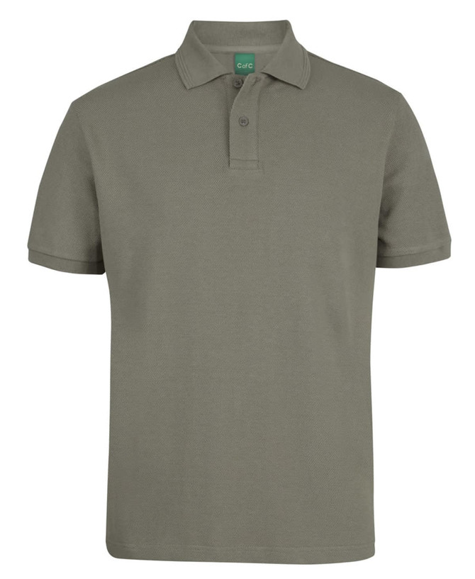A short-sleeved polo shirt in olive green, featuring a three-button placket and a logo on the collar.